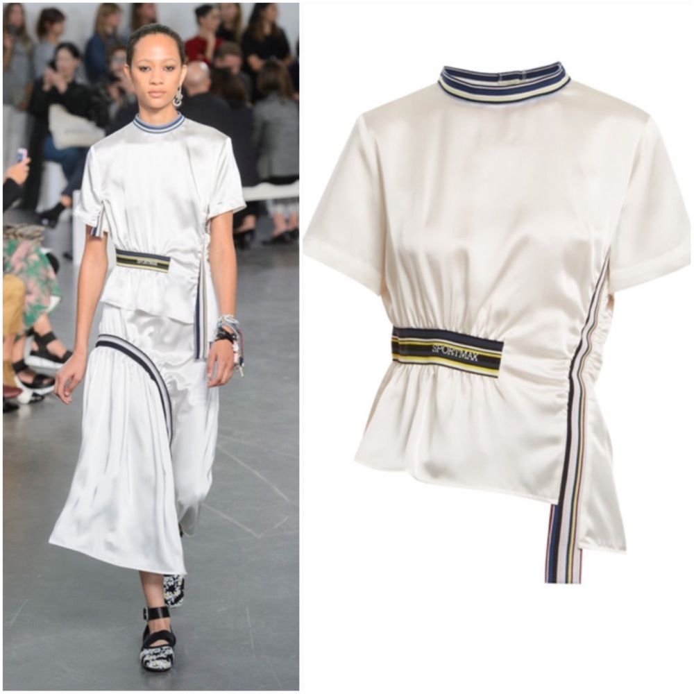 Sportmax Ivory Satin Short-Sleeve Top with Navy Trim